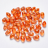 Transparent Spray Painted Glass Charms, with Glitter Powder, Teardrop, Coral, 9x6x6mm, Hole: 1mm(GLAA-R211-03-B04)