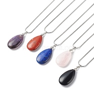 5Pcs 5 Style Natural Mixed Gemstone Teardrop Pendant Necklace Set with 304 Stainless Steel Chains for Women, Mixed Color, 17.76 inch(45.1cm), 1Pc/style(NJEW-JN04062)