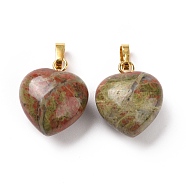 Natural Unakite Pendants, with Golden Tone Brass Findings, Heart Charm, 18x15~15.5x6~8mm, Hole: 6x3mm(G-I311-A29-G)