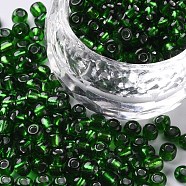 6/0 Glass Seed Beads, Silver Lined Round Hole, Round, Green, 4mm, Hole: 1.5mm, about 1000pcs/100g(X1-SEED-A005-4mm-27B)