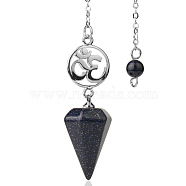 Synthetic Blue Goldstone Dowsing Pendulum Big Pendants, Undyed, with Platinum Plated Brass Findings, Cone Charm, Pendant: 58x16x16mm(PW-WG0D6A7-12)