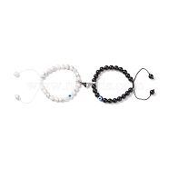 2Pcs 2 Style Magnetic Alloy Heart Charm Bracelets Set, Natural Howlite & Black Onyx & Lampwork Evil Eye Braided Couple Matching Bracelets for Best Friends Lovers, Inner Diameter: 2-1/4~3-1/4 inch(5.7~8.1cm), 1Pc/style(BJEW-TA00165)