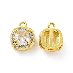 Brass Pendants with Clear Glass, Square Charms, Real 18K Gold Plated, 12x9.5x6mm, Hole: 1.4mm(KK-E068-VF210)