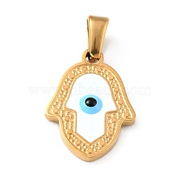 Vacuum Plating 304 Stainless Steel Pendants, with Enamel, Hamsa Hand with Evil Eye, Golden, 18x13x2mm, Hole: 4.5x2.5mm(STAS-D182-04G)