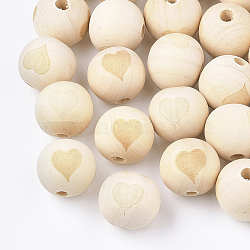 Natural Wood European Beads, Large Hole Beads, Round with Heart, PapayaWhip, 20x18mm, Hole: 4mm(X-WOOD-T012-17)