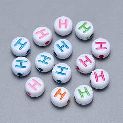 Craft Acrylic Horizontal Hole Letter Beads, Flat Round, Mixed Color, Letter.H, 7x3.5~4mm, Hole: 1.5mm, about 3600pcs/500g(SACR-S201-11H)