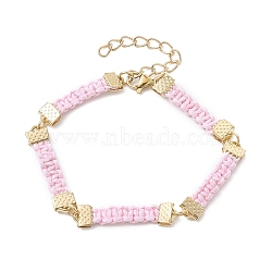 Braided Waxed Polyester Rectangle Link Chain Bracelets, with Real 18K Gold Plated 304 Stainless Steel Clasps, Pink, 6-3/4 inch(17.3cm)(BJEW-JB10000-02)