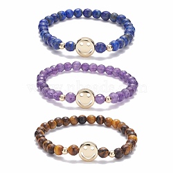 Faceted Round Natural Tiger Eye & Lapis Lazuli & Amethyst Beads Stretch Bracelets Set, Smiling Face Brass Beads Bracelets for Girl Women, Golden, Inner Diameter: 2-1/8~2-1/4 inch(5.3~5.6cm), 3pcs/set(BJEW-JB07082)