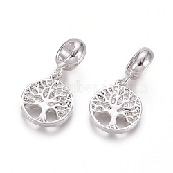 Brass Micro Pave Clear Cubic Zirconia European Dangle Charms, Large Hole Pendants, Flat Round with Tree of Life, Platinum, 23mm, Hole: 5mm, Flat Round: 14x12x2mm(OPDL-L016-05P)
