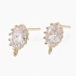 Brass Stud Earring Findings, with Loop, Real 18K Gold Plated, with Cubic Zirconia, Oval, Clear, 10x6mm, Hole: 1.2mm, Pin: 0.7mm(X-KK-S348-117)