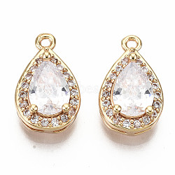 Brass Micro Pave Clear Cubic Zirconia Charms, Nickel Free, Teardrop, Real 18K Gold Plated, 13x8x5mm, Hole: 1mm(KK-S360-048-NF)