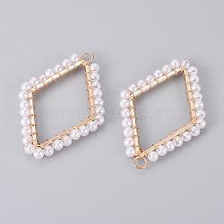 Rack Plating Iron Big Pendants, with Plastic Imitation Pearl Beads, Rhombus, White, Light Gold, 51.5x34x4mm, Hole: 4mm(IFIN-I033-15LG)