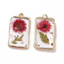 Transparent Clear Epoxy Resin Pendants, with Edge Golden Plated Alloy Loops, Rectangle Charms with Inner Flower, Dark Sea Green, 26x14.5x3mm, Hole: 2mm(RESI-L036-04G-01)