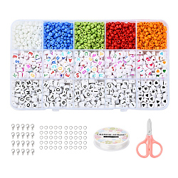 DIY Jewelry Making Kits, Including 6/0  Round Opaque Colours Glass Seed Beads, Flat Round Acrylic Beads, Elastic Crystal Thread, Scissors, Alloy Clasps and Iron Open Jump Rings, Mixed Color, Beads: 1600pcs/set(DIY-YW0003-35)