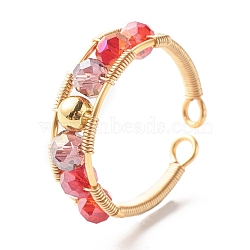 Electroplate Faceted Glass Beads Cuff Ring for Teen Girl Women, Copper Wire Wrap Open Ring, Golden, Red, US Size 7 1/4~8 1/2(17.5~18.5mm)(X1-RJEW-TA00013-01)