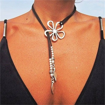Waxed Cord Adjustable Wrap Choker Necklaces, Alloy Hollow Flower Pendant Necklace, Platinum, 55.12 inch(140cm)