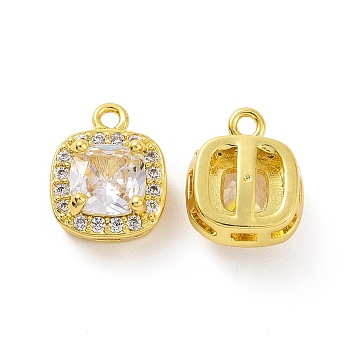 Brass Pendants with Clear Glass, Square Charms, Real 18K Gold Plated, 12x9.5x6mm, Hole: 1.4mm