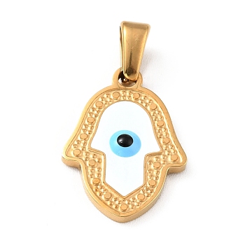Vacuum Plating 304 Stainless Steel Pendants, with Enamel, Hamsa Hand with Evil Eye, Golden, 18x13x2mm, Hole: 4.5x2.5mm