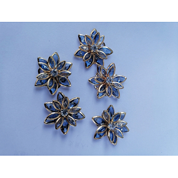 Acrylic Rhinestone Cabochons, with Golden Tone Brass Findings, Flower, for Hair Accessories, Light Blue, 23mm