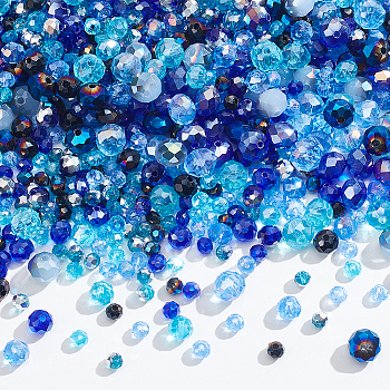 1025Pcs 15 Style Electroplate Transparent Glass Beads Sets, Faceted, Rondelle, AB Color Plated & Imitation Jade & Half Silver Plated, Blue, 4~8x3~6mm, Hole: 0.4~1mm