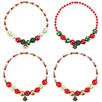 4Pcs 4 Styles ABS Plastic Pearl & Acrylic & Resin Beaded Necklaces Set, Christmas Tree & Snowflake & Santa Claus Alloy Enamel Pendants Stackable Necklaces for Women, Mixed Color, 18.90 inch(48cm), 1Pc/style