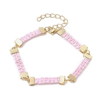 Braided Waxed Polyester Rectangle Link Chain Bracelets, with Real 18K Gold Plated 304 Stainless Steel Clasps, Pink, 6-3/4 inch(17.3cm)
