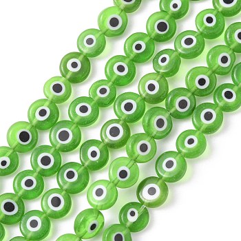 Handmade Evil Eye Lampwork Flat Round Bead Strands, Lime Green, 8x3.2mm, Hole: 1mm, about 49pcs/strand, 14.56 inch
