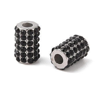 304 Stainless Steel Beads, with Rhinestone, Column, Stainless Steel Color, Jet, 11x7mm, Hole: 3mm