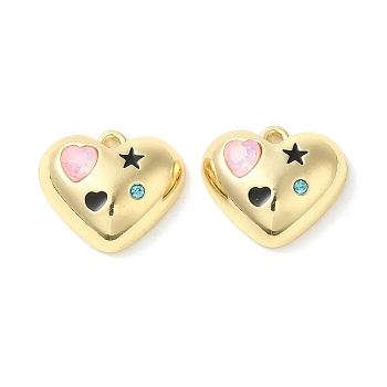 Alloy Micro Pave Cubic Zirconia Pendants, with Rhinestone and Enamel, Heart, Pink, 15x17x6mm, Hole: 1.2mm