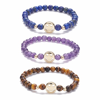 Round Faceted Natural Mixed Stone Beads Stretch Bracelets Set, Smiling Face Brass Beads Bracelets for Girl Women, Golden, Inner Diameter: 2-1/8~2-1/4 inch(5.3~5.6cm), 3pcs/set