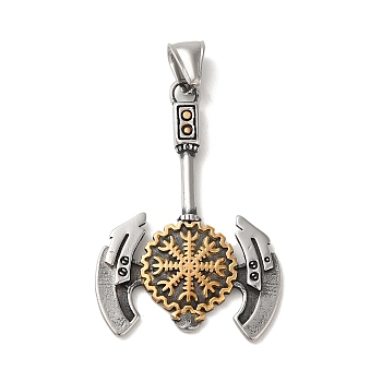 Viking 304 Stainless Steel Pendants, Axe with Valknut Charm, Antique Silver & Golden, 47.5x32x4mm, Hole: 7.5x4mm