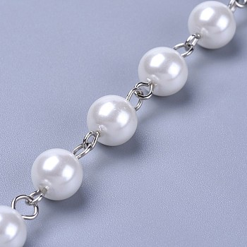 Handmade Dyed Glass Pearl Beaded Chains, Unwelded, with Iron Eye Pin, Platinum, White, 39.37 inch, 1m/strand