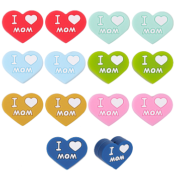 14Pcs 7 Colors Father's Day & Mother's Day Silicone Focal Beads, Heart with Word, Mixed Color, 17mm, 2pcs/color