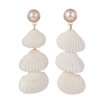 Natural Spiral Shell & Shell Pearl Dangle Stud Earrings, Brass Long Drop Earrings for Women, Golden, 65mm, Pin: 0.6mm