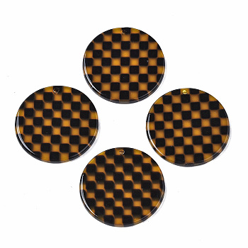 Transparent Cellulose Acetate(Resin) Pendants, Flat Round with Grid Pattern, Coconut Brown, 27.5x27.5x2.5mm, Hole: 1.4mm