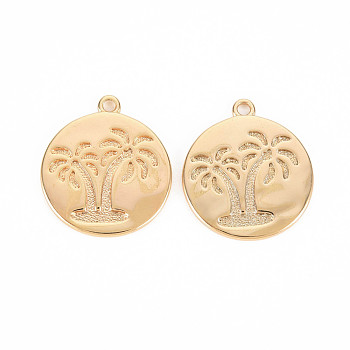 Brass Pendants, Nickel Free, Flat Round with Coconut Tree, Real 18K Gold Plated, 16x14x1.5mm, Hole: 1.2mm