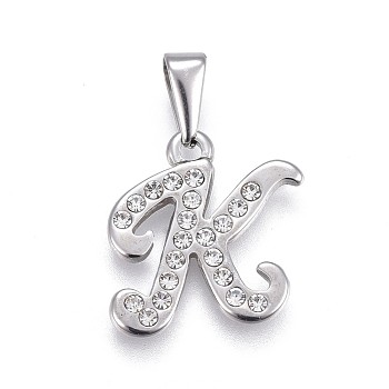 304 Stainless Steel Pendants, with Rhinestone, Letter, Letter.K, 19.5x18x2mm, Hole: 3~3.5x7.5~8mm