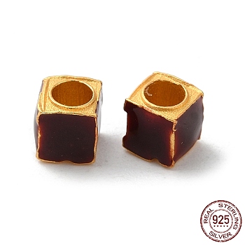 Matte Gold Color 925 Sterling Silver Beads, with Enamel, Square, Dark Red, 5x5x5mm, Hole: 3mm
