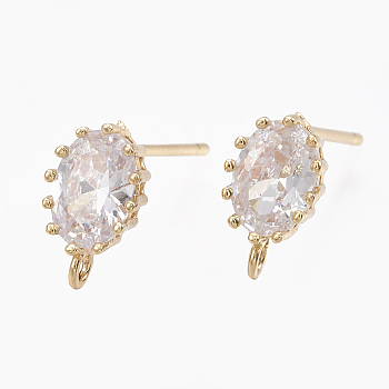 Brass Stud Earring Findings, with Loop, Real 18K Gold Plated, with Cubic Zirconia, Oval, Clear, 10x6mm, Hole: 1.2mm, Pin: 0.7mm