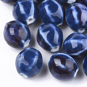 Handmade Porcelain Beads, Fancy Antique Glazed Porcelain, Oval, Blue, 15.5~16x14.5~15x13~13.5mm, Hole: 2mm