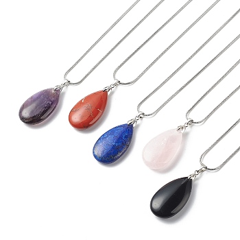 5Pcs 5 Style Natural Mixed Gemstone Teardrop Pendant Necklace Set with 304 Stainless Steel Chains for Women, Mixed Color, 17.76 inch(45.1cm), 1Pc/style