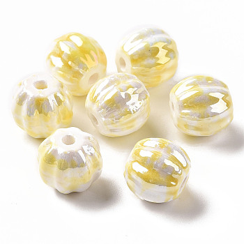 Handmade Pearlized Porcelain Beads, Bright Glazed Porcelain, Rainbow Plated, Pumpkin, Gold, 13x12mm, Hole: 2mm