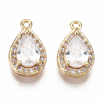 Brass Micro Pave Clear Cubic Zirconia Charms, Nickel Free, Teardrop, Real 18K Gold Plated, 13x8x5mm, Hole: 1mm