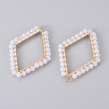 Rack Plating Iron Big Pendants, with Plastic Imitation Pearl Beads, Rhombus, White, Light Gold, 51.5x34x4mm, Hole: 4mm