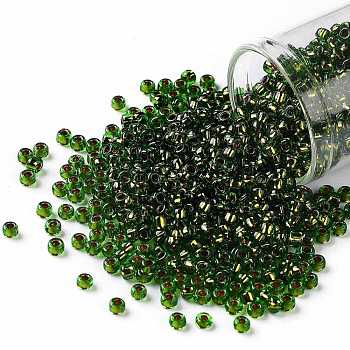 TOHO Round Seed Beads, Japanese Seed Beads, (742) Copper Lined Peridot, 8/0, 3mm, Hole: 1mm, about 222pcs/10g