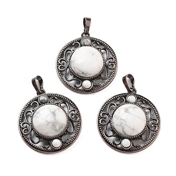 Natural Howlite Pendants, Brass Hollow Flat Round Charms, Cadmium Free & Lead Free, Red Copper, 33.5x30.5x9.5mm, Hole: 8x5mm