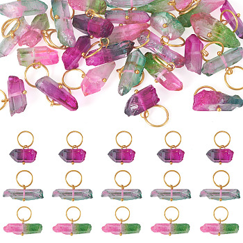 30Pcs 3 Colors Electroplated Natural Quartz Crystal Pendants, Nuggets Charms with Brass Jump Rings, Golden, Mixed Color, 18~20mm, 10pcs/color