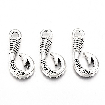 Tibetan Style Alloy Pendants, Lead Free & Cadmium Free, Hook with Word Hook Me, Antique Silver, 25.5x12x2.5mm, Hole: 3mm, about 340pcs/500g