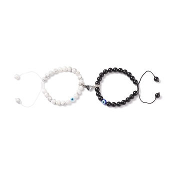 2Pcs 2 Style Magnetic Alloy Heart Charm Bracelets Set, Natural Howlite & Black Onyx & Lampwork Evil Eye Braided Couple Matching Bracelets for Best Friends Lovers, Inner Diameter: 2-1/4~3-1/4 inch(5.7~8.1cm), 1Pc/style