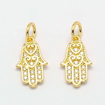 Palm Brass Micro Pave Cubic Zirconia Charms, Cadmium Free & Nickel Free & Lead Free, Golden, 14x8x1.5mm, Hole: 3mm